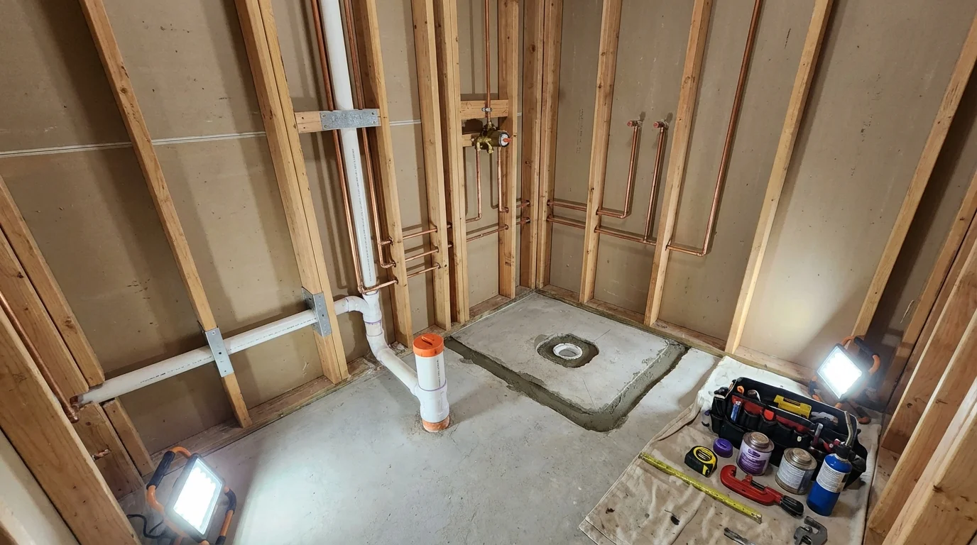 Bathroom rough-in plumbing during remodel by Johns Plumbing LLC in Tuckerman
