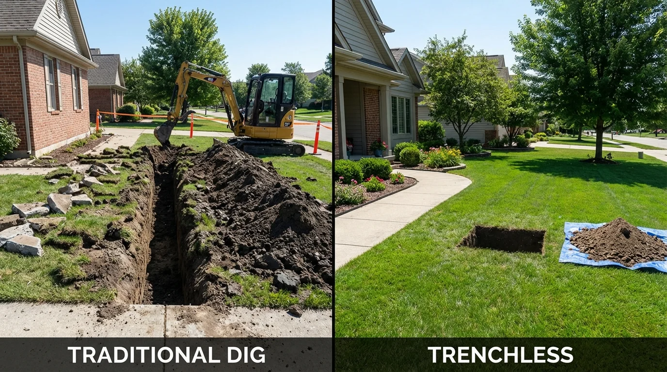 Trenchless sewer repair with minimal yard damage versus traditional excavation in Tuckerman, AR